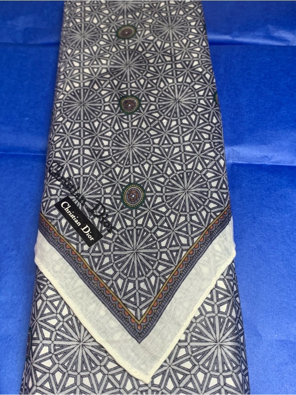 Christian Dior Geometric Print Handkerchief in Gray, Green & White - Picture 13 of 13
